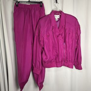 Vintage Louise Paris 100% Silk Magenta Color 2 Piece Pant Jacket Track Suit Sz M